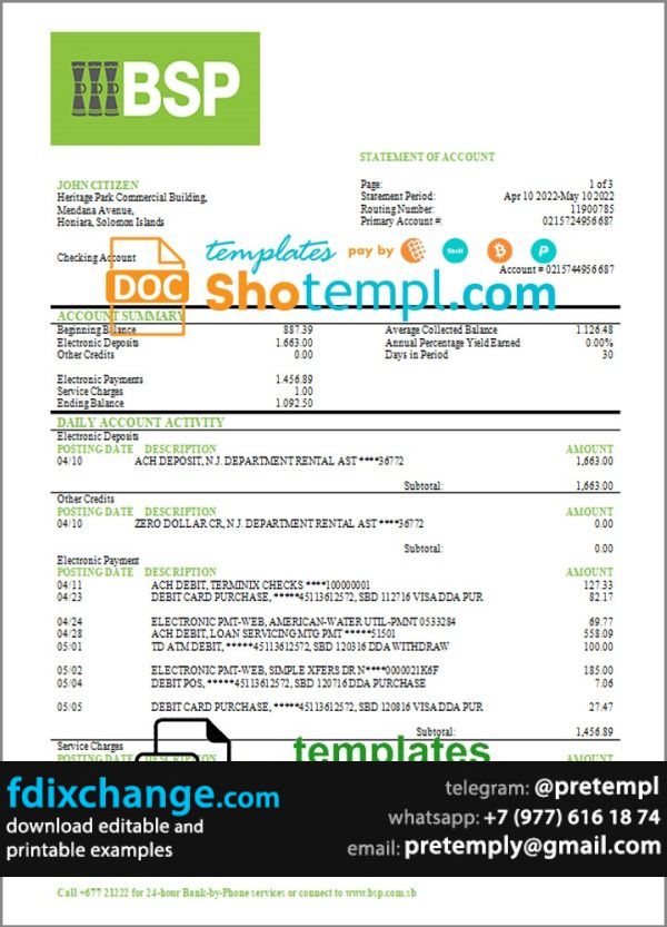 download Solomon Islands BSP bank statement template free fonts