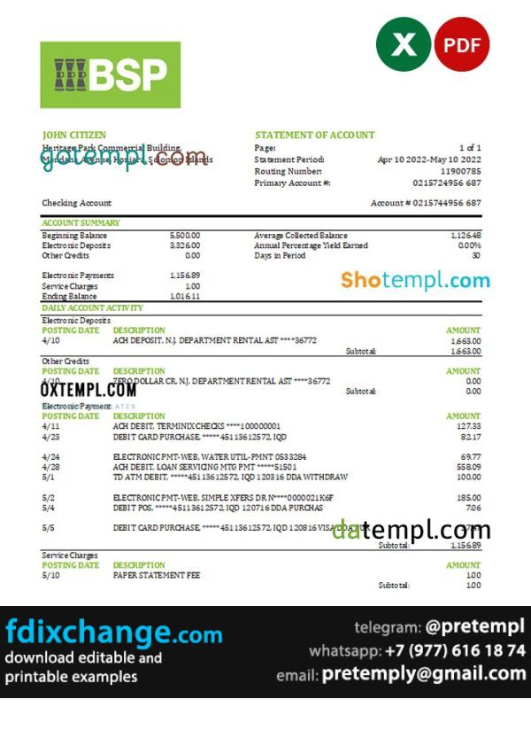 download Solomon Islands BSP bank statement, template free fonts