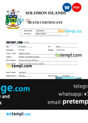 download Solomon Islands vital record death certificate template free fonts