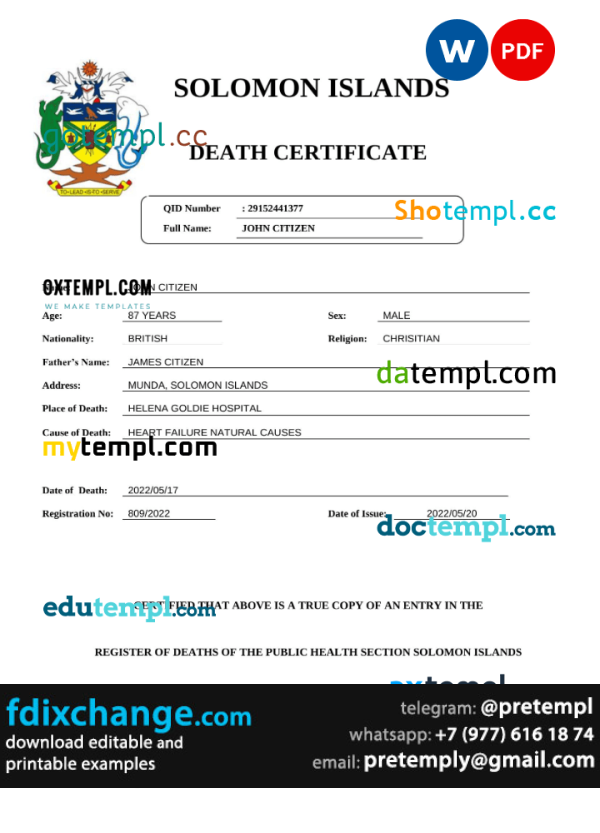 download Solomon Islands vital record death certificate template free fonts