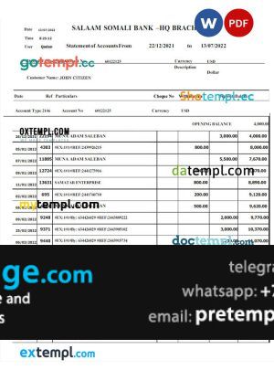 download SOMALI SALAAM SOMALI bank statement template free fonts