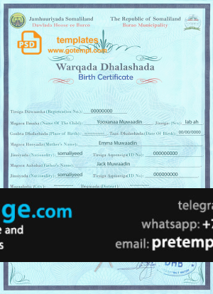 download Somalia birth certificate template free fonts, fully editable