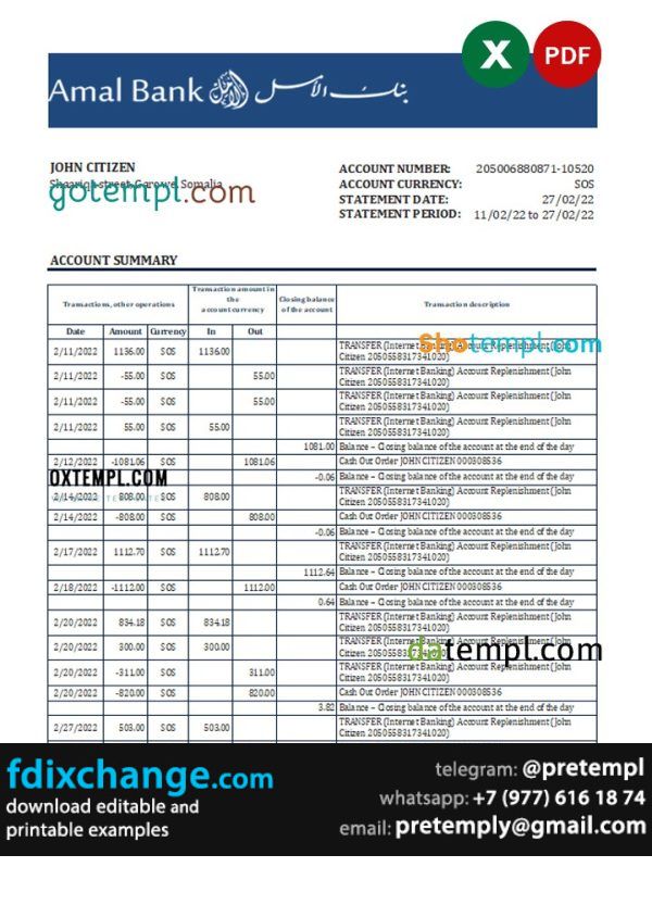 download Somalia Amal bank statement, template free fonts