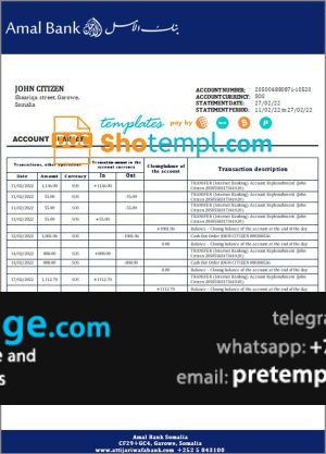 download Somalia Amal bank statement template free fonts