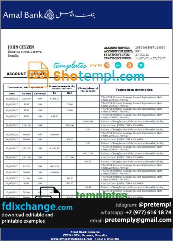 download Somalia Amal bank statement template free fonts