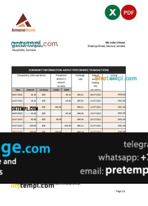 download Somalia Amana bank statement, template free fonts