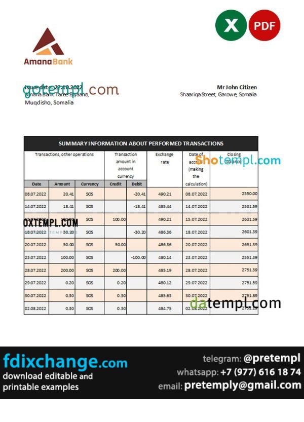 download Somalia Amana bank statement, template free fonts