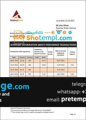 download Somalia Amana bank statement template free fonts