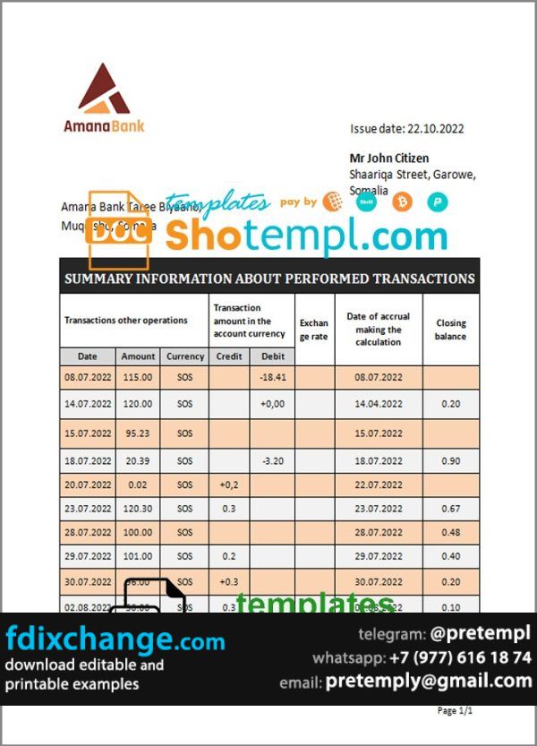 download Somalia Amana bank statement template free fonts