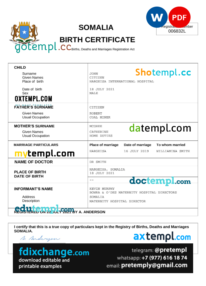 download Somalia birth certificate template free fonts, completely editable