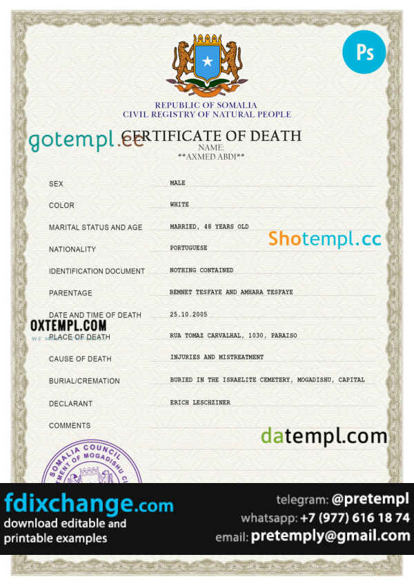 download Somalia vital record death certificate template free fonts, completely editable