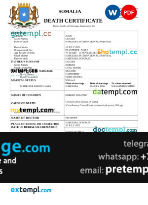 download Somalia vital record death certificate template free fonts