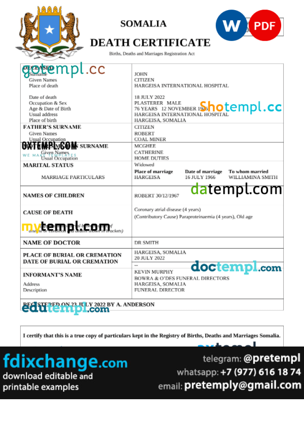 download Somalia vital record death certificate template free fonts