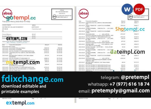 download South Africa ABSA bank statement template free fonts, 3 pages