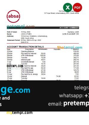 download South Africa ABSA bank statement, template free fonts