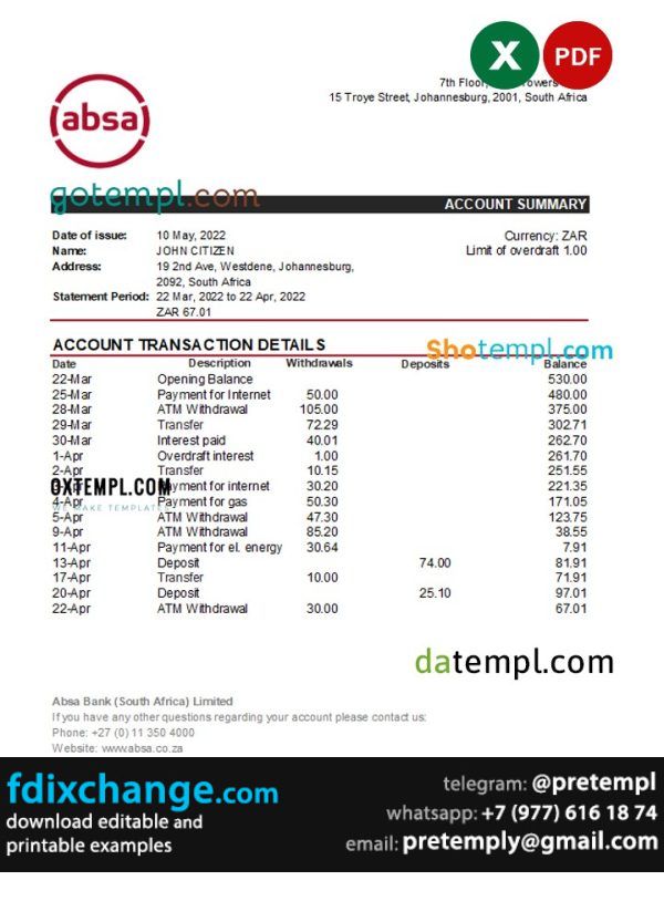 download South Africa ABSA bank statement, template free fonts