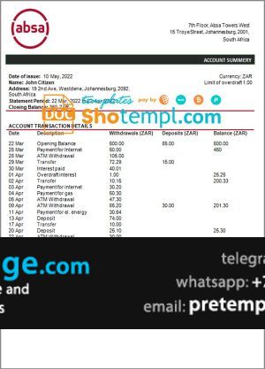 download South Africa ABSA bank statement template free fonts