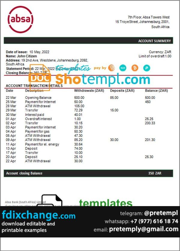 download South Africa ABSA bank statement template free fonts