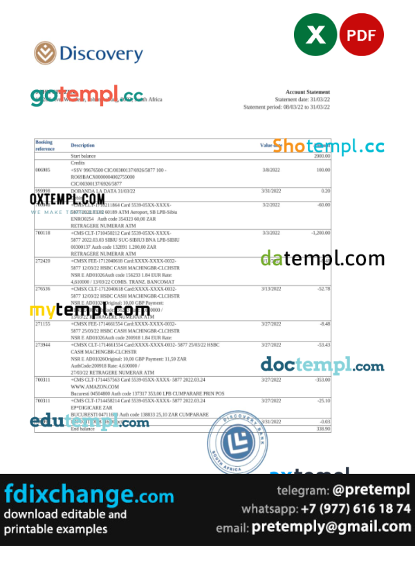 download South Africa Discovery bank statement, template free fonts