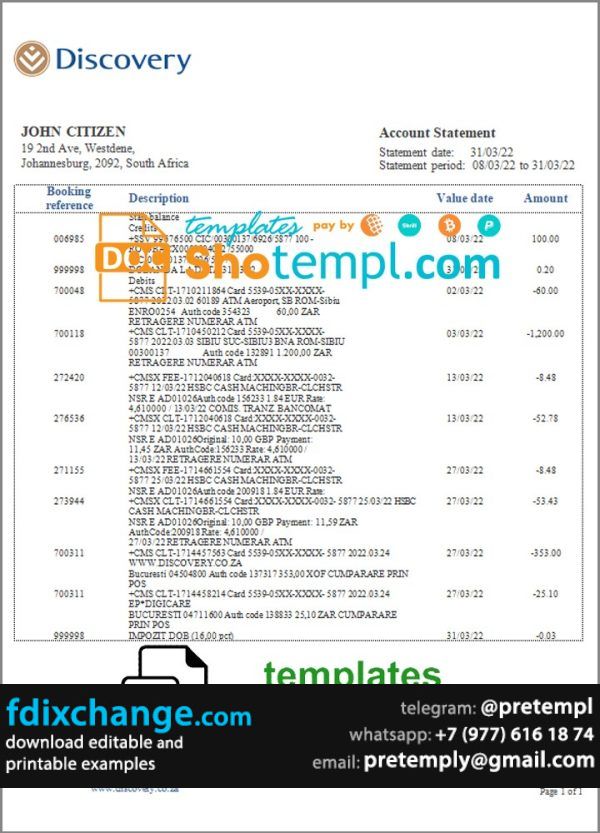 download South Africa Discovery bank statement template free fonts