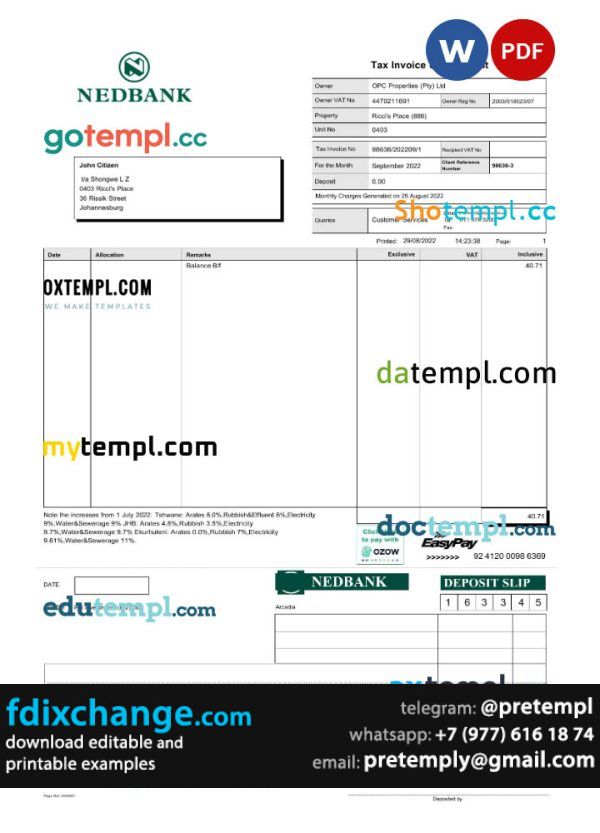 download South Africa Nedbank statement template free fonts