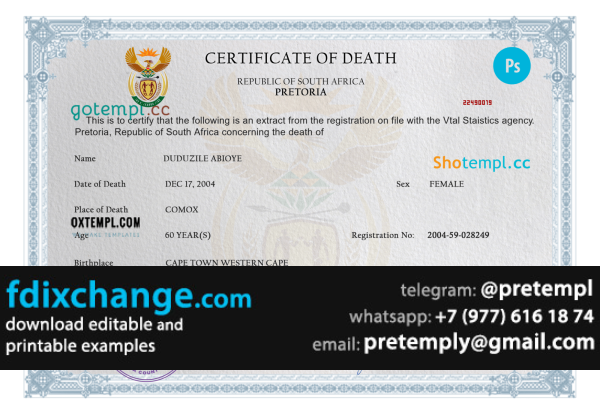download South Africa death certificate template free fonts, completely editable