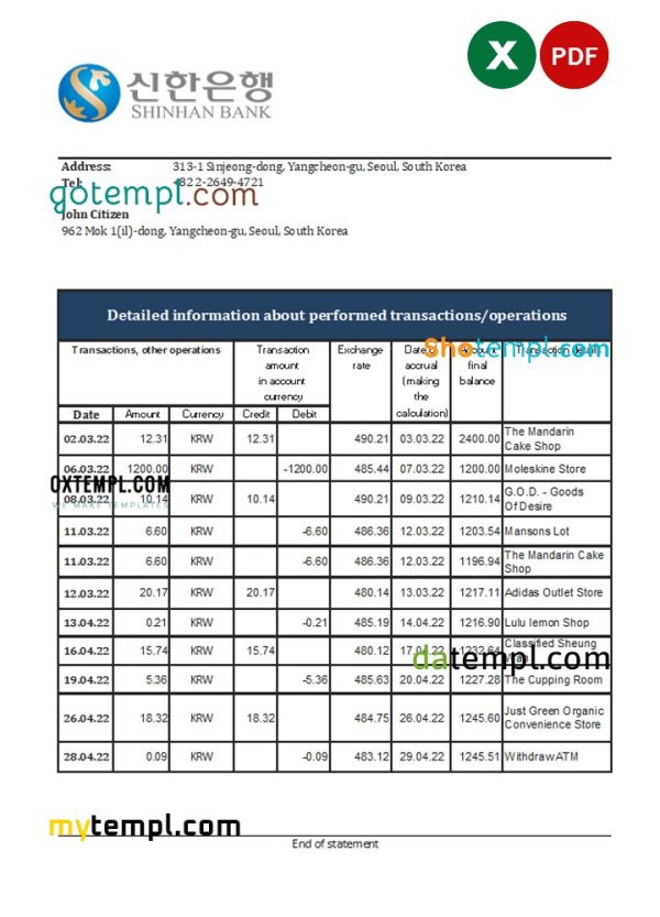 download South Korea Shinhan bank statement, template free fonts