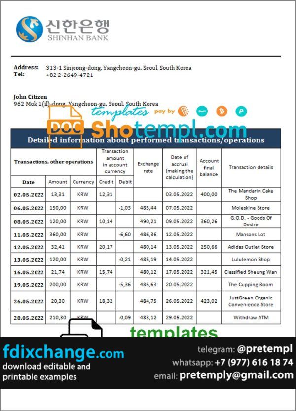 download South Korea Shinhan bank statement template free fonts