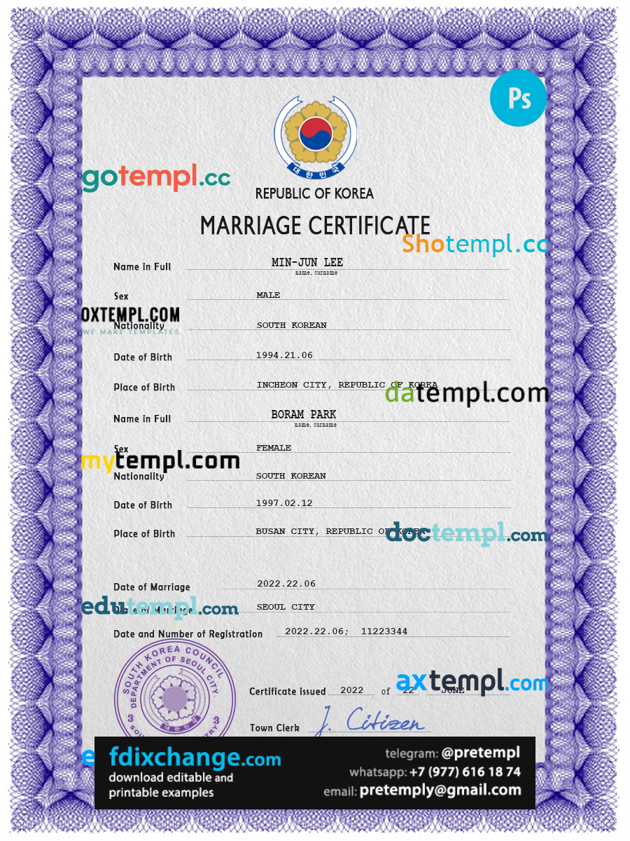 download South Korea marriage certificate template free fonts