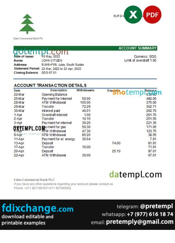 download South Sudan Eden Commercial Bank statement, template free fonts
