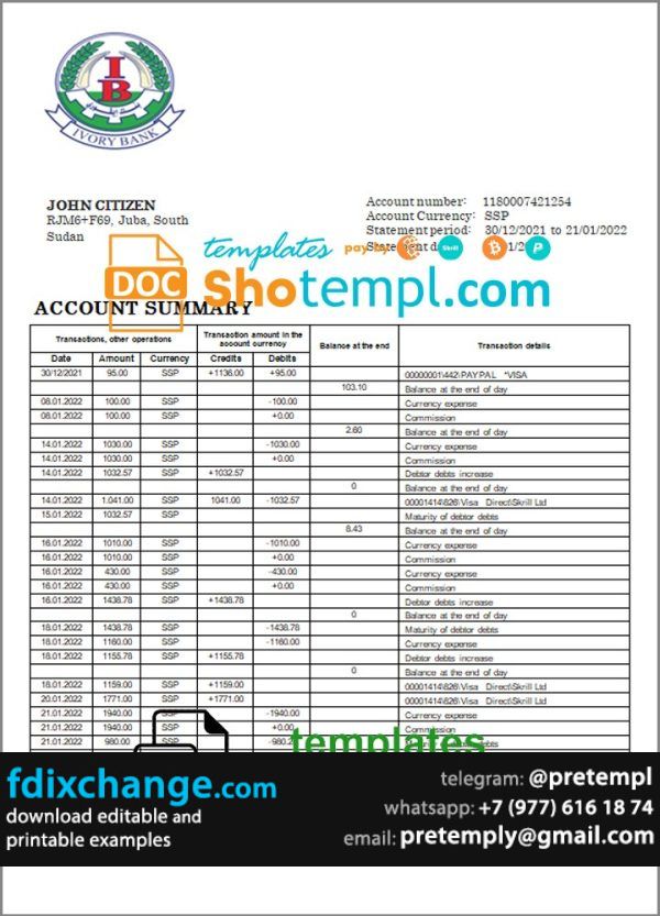 download South Sudan Ivory Bank bank statement template free fonts