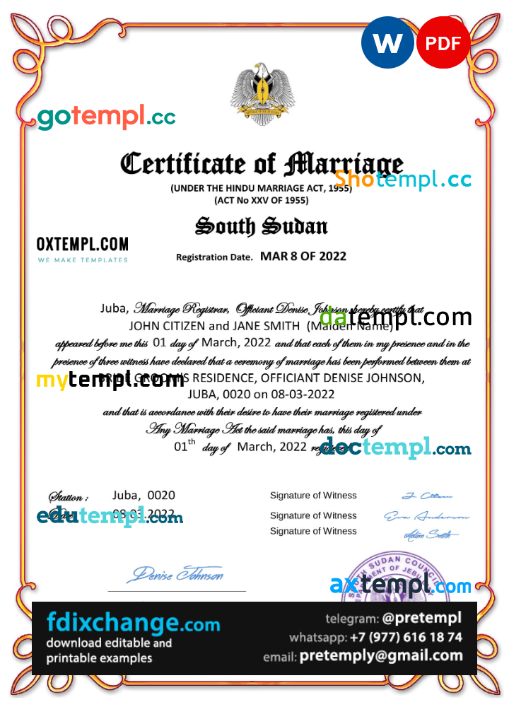 download South Sudan marriage certificate template free fonts, completely editable
