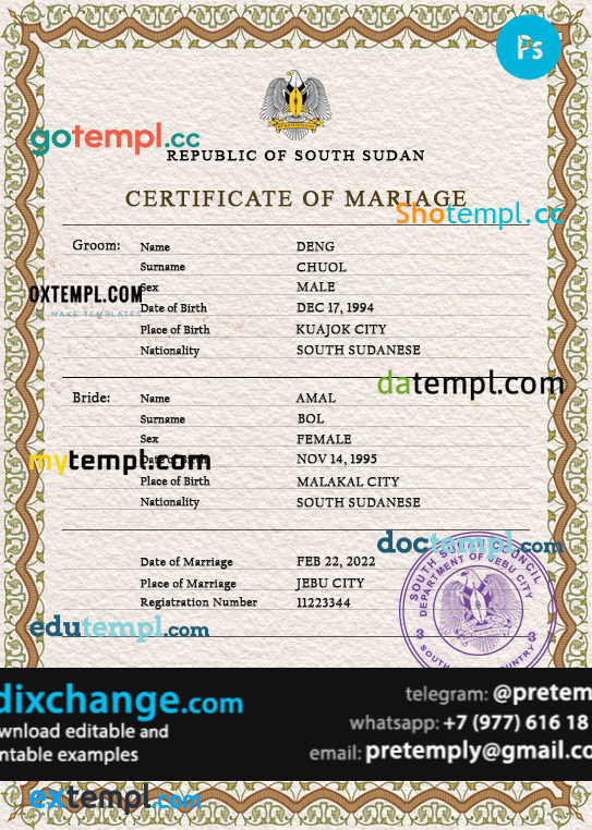download South Sudan marriage certificate template free fonts, completely editable