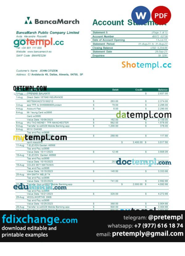 download Spain BancaMarch bank statement template free fonts