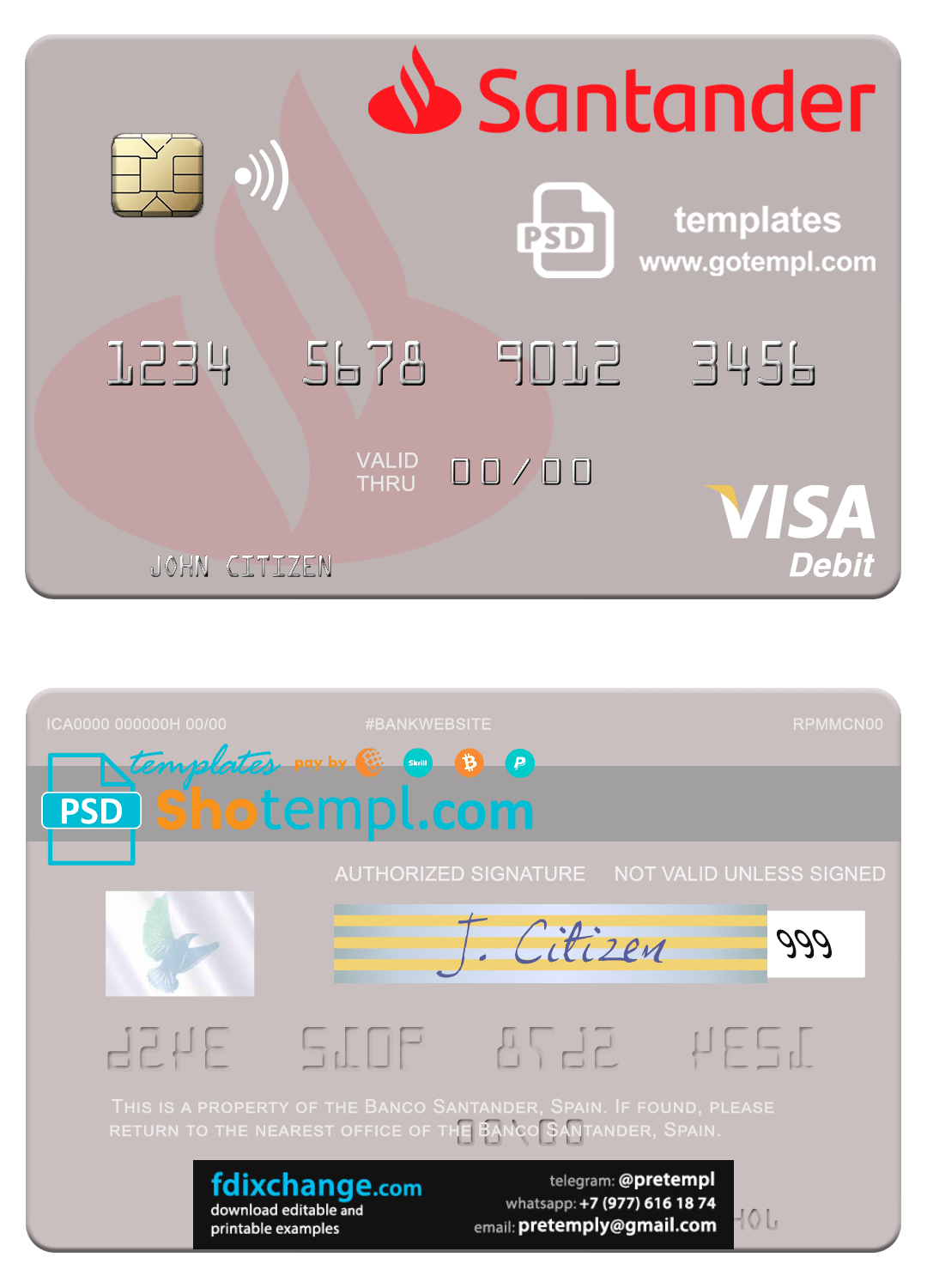 download Spain Banco Santander visa credit card template in PSD format