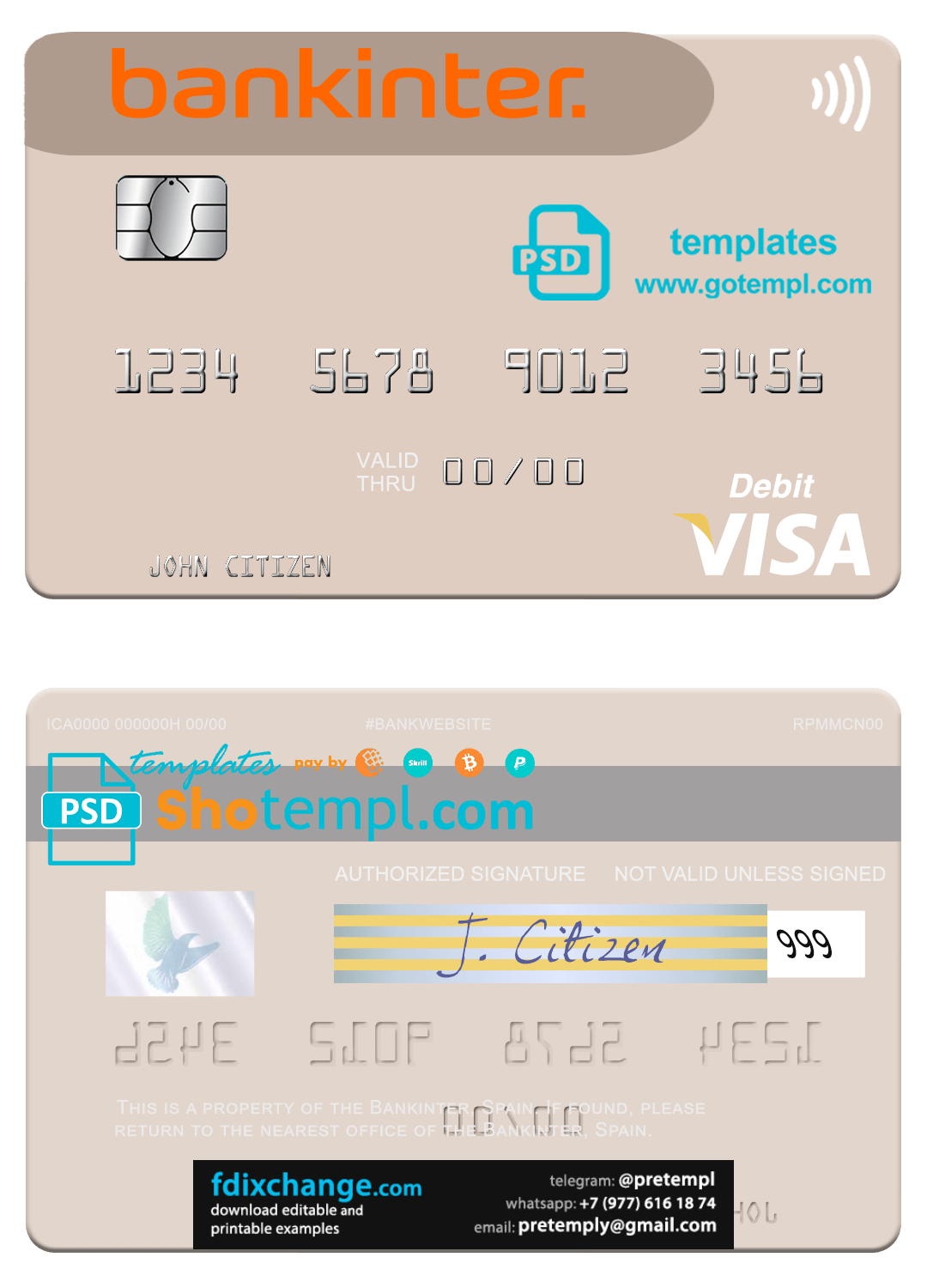 download Spain Bankinter visa debit card template free fonts
