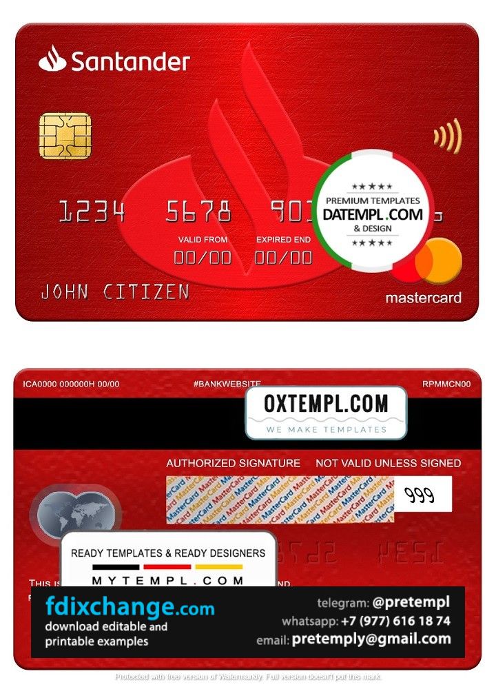download Spain Santander bank mastercard, fully editable template free fonts