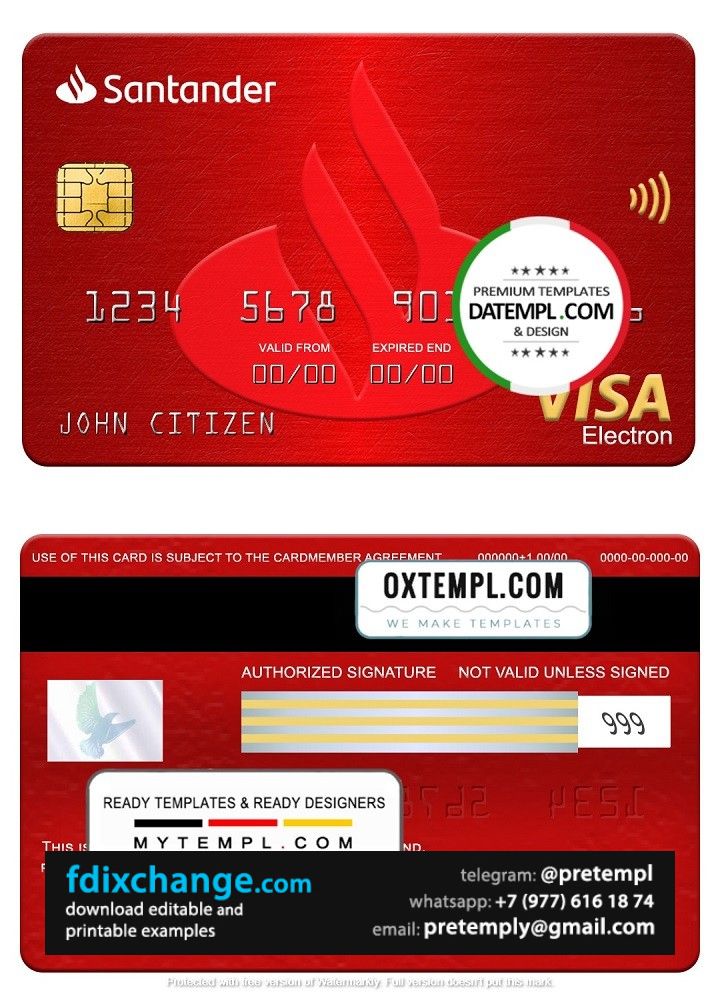 download Spain Santander bank visa electron card, fully editable template free fonts