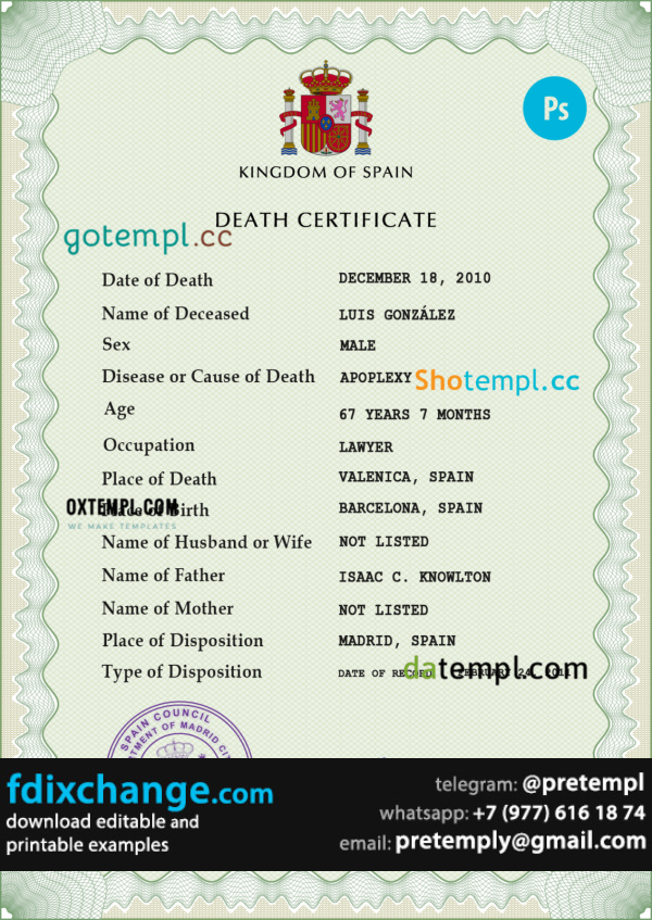 download Spain death certificate template free fonts, completely editable