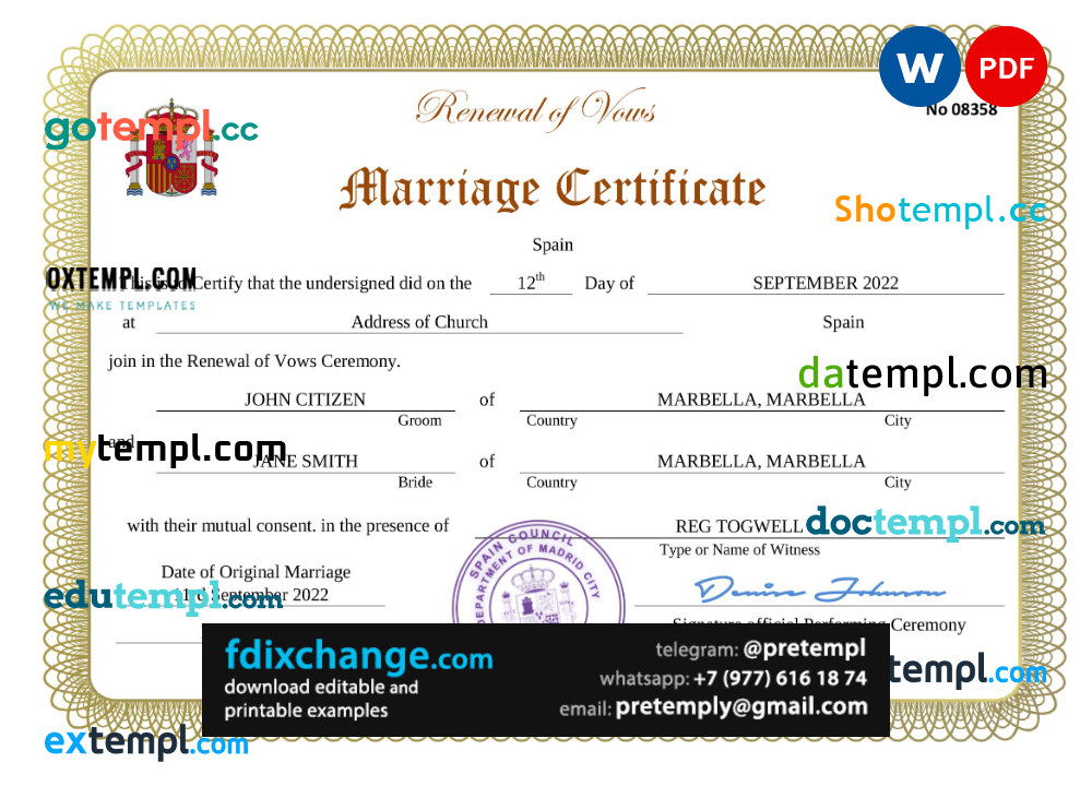 download Spain marriage certificate template free fonts, fully editable