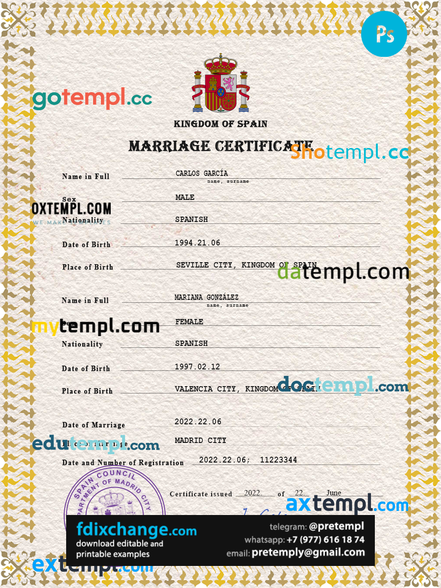 download Spain marriage certificate template free fonts