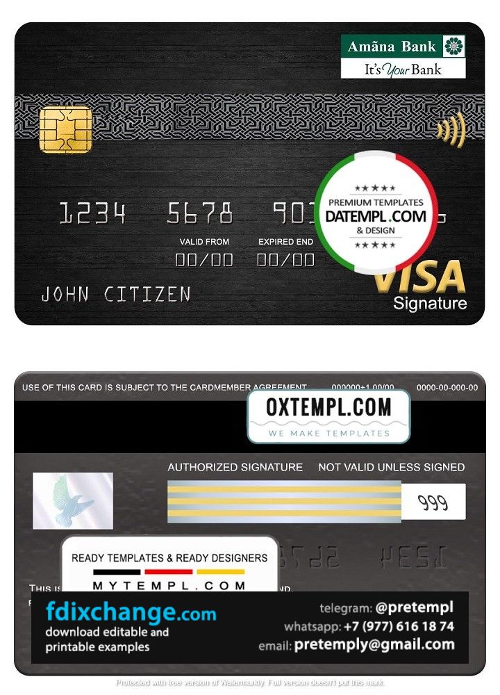 download Sri Lanka Amana bank visa signature card, fully editable template free fonts