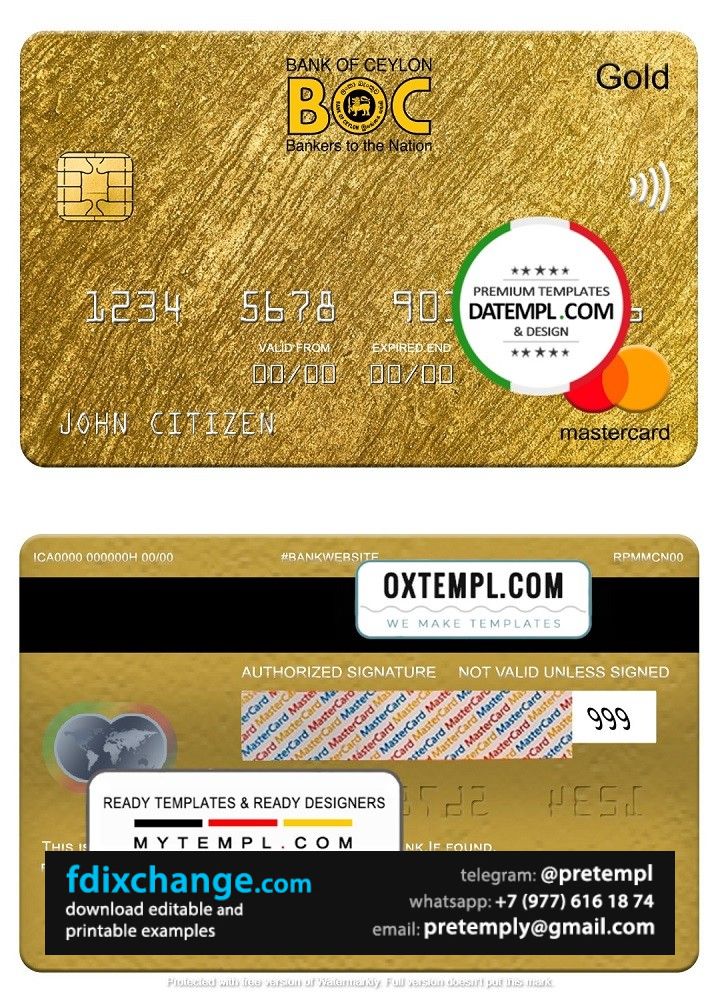 download Sri Lanka Bank of Ceylon bank mastercard gold, fully editable template free fonts