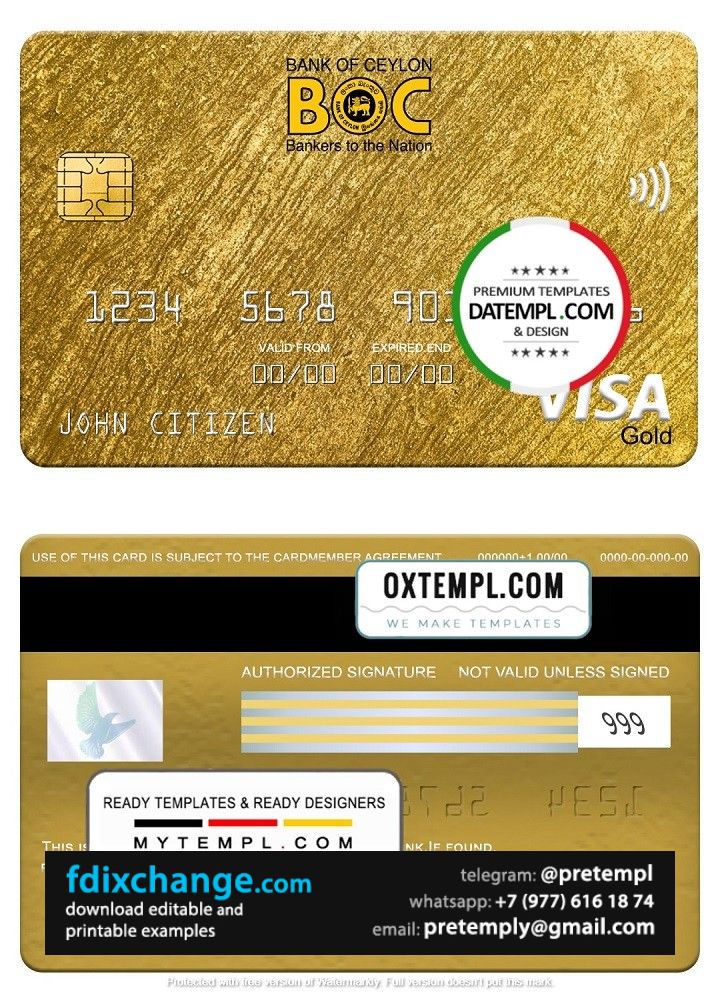 download Sri Lanka Bank of Ceylon bank visa gold card, fully editable template free fonts