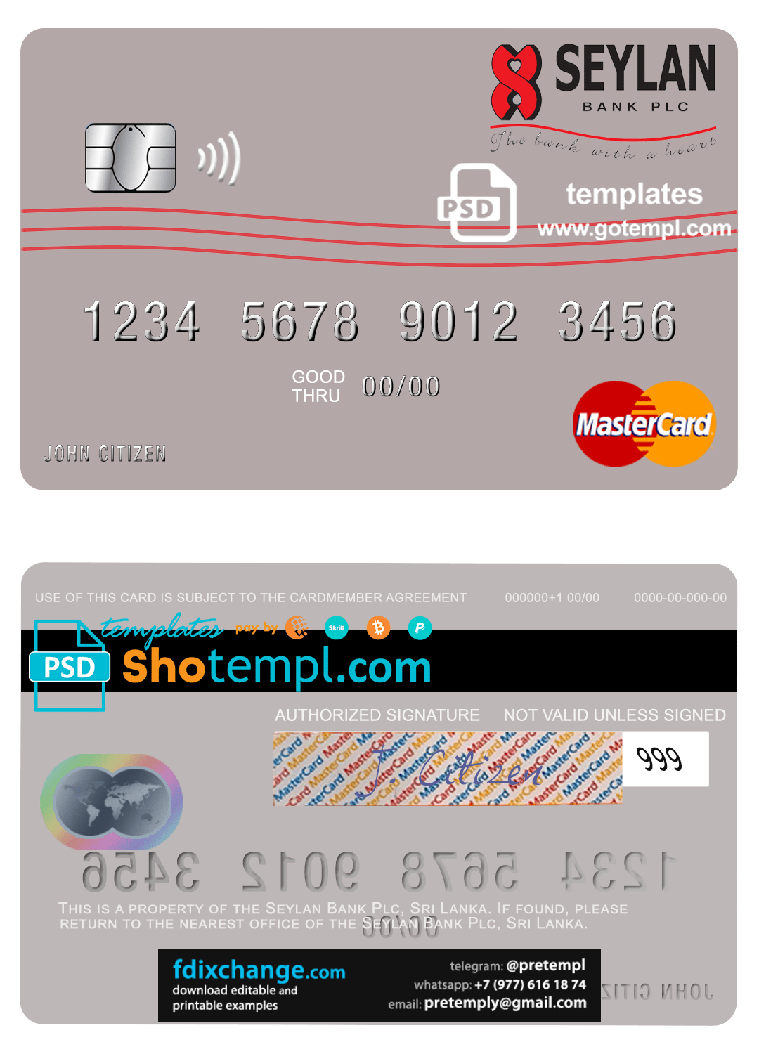 download Sri Lanka Seylan Bank Plc mastercard card template in PSD format