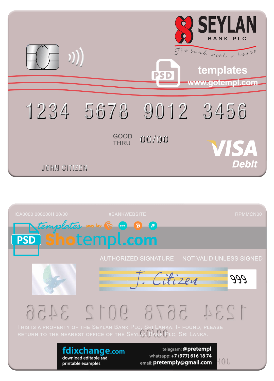 download Sri Lanka Seylan Bank Plc visa debit card template free fonts