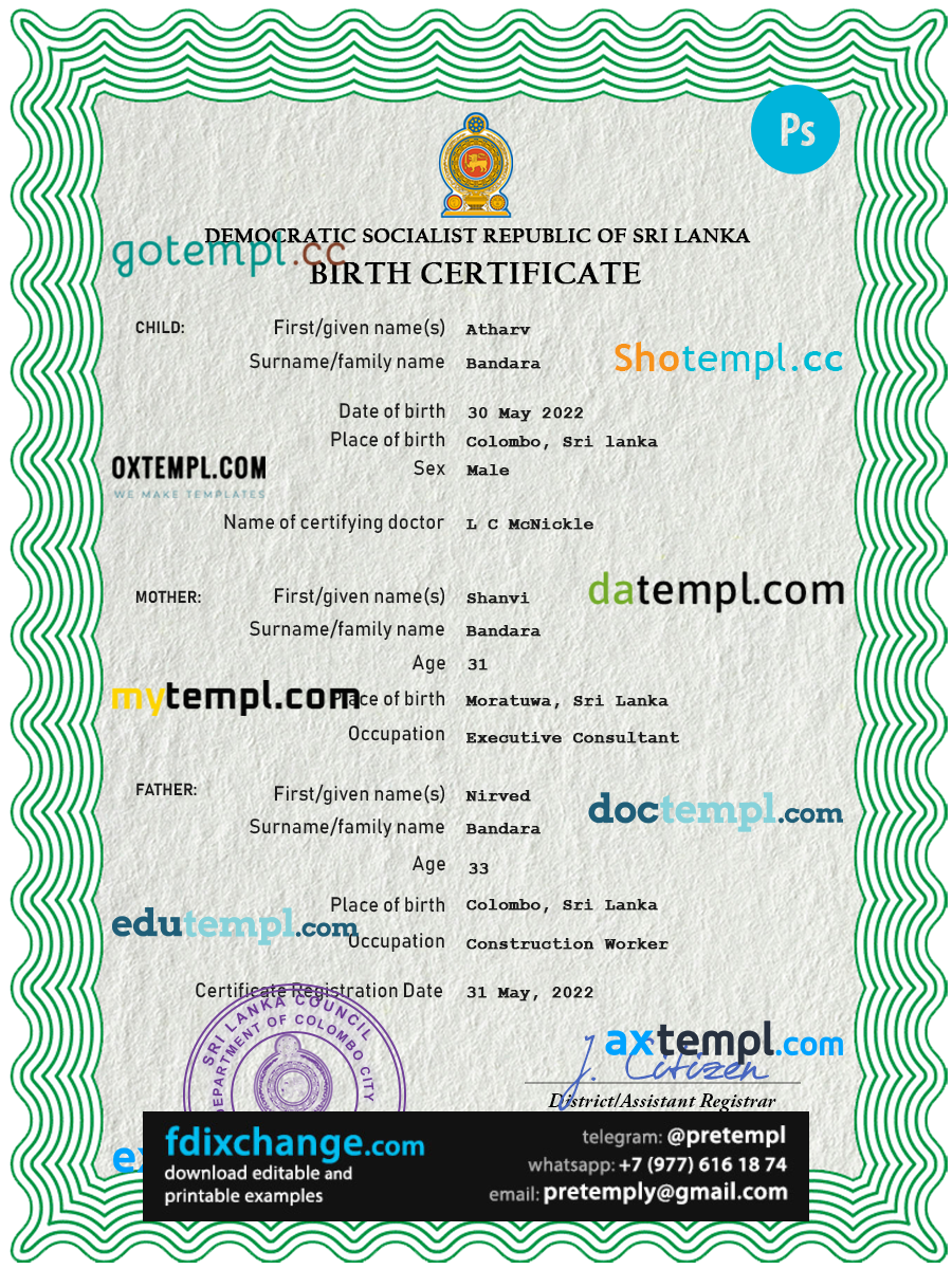 download Sri Lanka vital record birth certificate template free fonts
