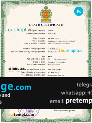 download Sri Lanka vital record death certificate template free fonts