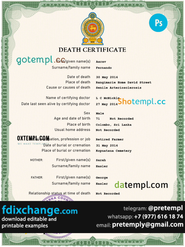 download Sri Lanka vital record death certificate template free fonts