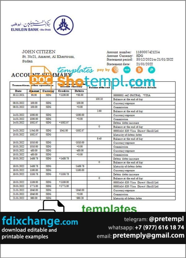 download Sudan Al Neelen Bank bank statement template free fonts, version 2